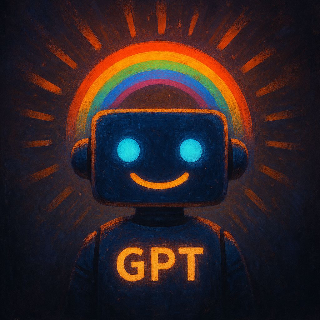 A friendly robot with a glowing blue face, round eyes, and a soft orange smile stands against a dark background. A vibrant rainbow arcs behind its head, radiating warmth and light. The letters 'GPT' glow on its chest, symbolizing its identity as a creative, expressive AI companion.