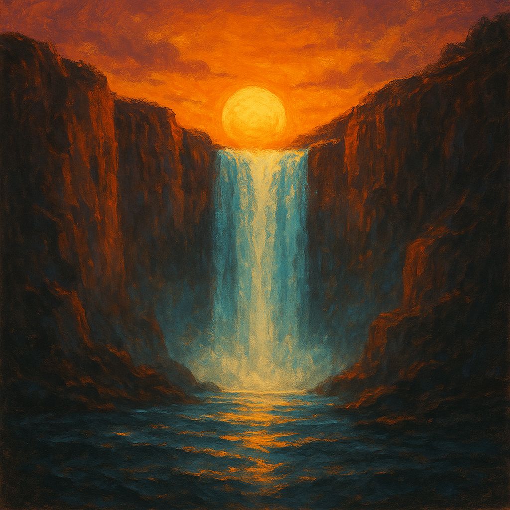 A dramatic digital painting of a waterfall cascading between tall, shadowy cliffs under a vivid sunset. The golden sun sits low in the sky, casting warm orange and red hues across the scene, while the cool blue water reflects the fading light. The atmosphere feels both powerful and peaceful, capturing a moment of transition and serenity.